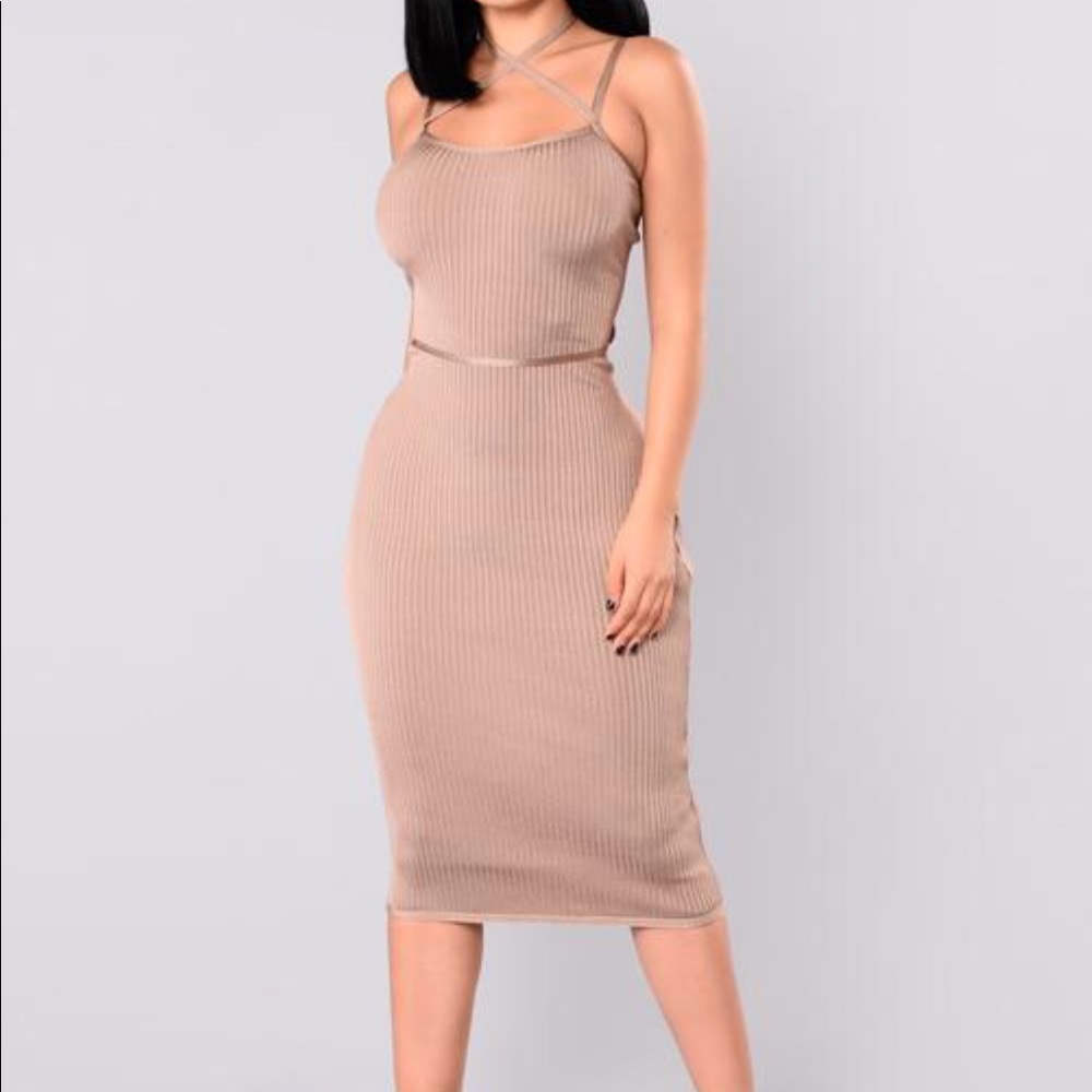 Fashion Nova Beige Fitted Midi Dress